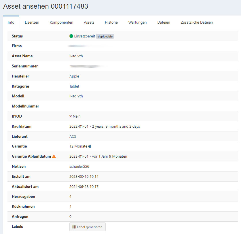 snipeIT Asset Detailseite